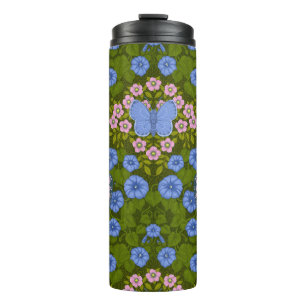Butterflies and flowers symmetry, blue and pink thermal tumbler