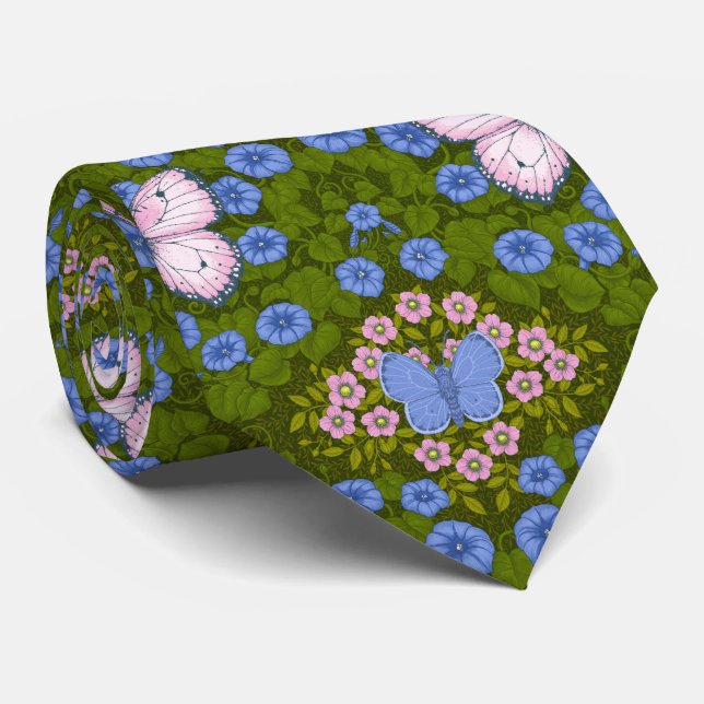 Butterflies and flowers symmetry, blue and pink tie (Rolled)