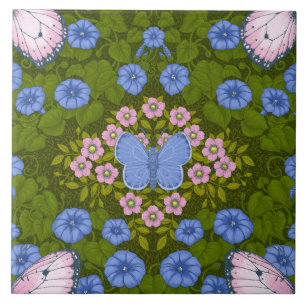 Butterflies and flowers symmetry, blue and pink tile