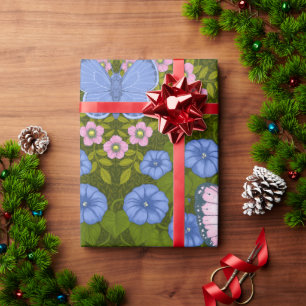 Butterflies and flowers symmetry, blue and pink wrapping paper