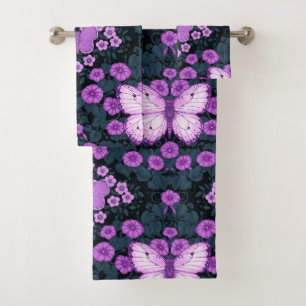 Butterflies and flowers symmetry, violet and blue bath towel set