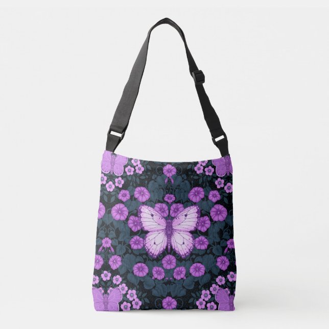 Butterflies and flowers symmetry, violet and blue crossbody bag (Front)