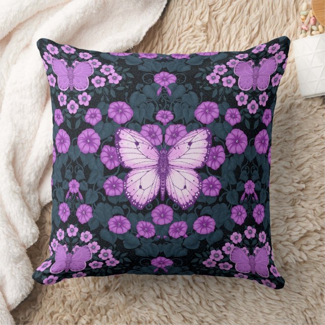Butterflies and flowers symmetry, violet and blue cushion (Blanket)