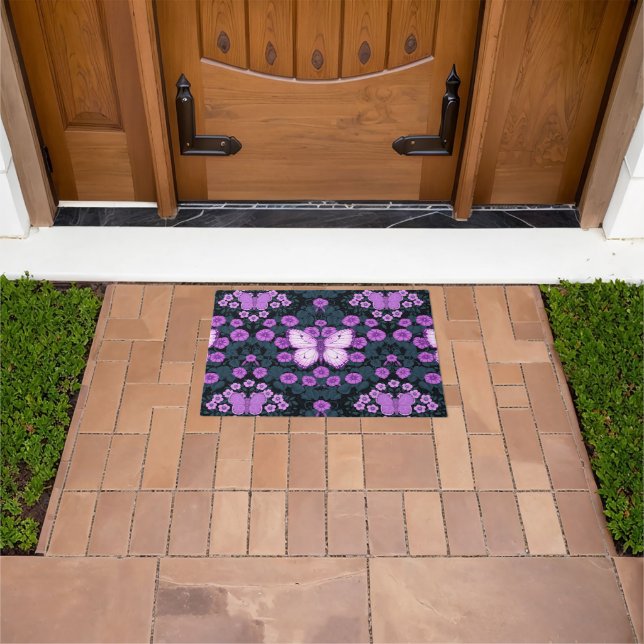 Butterflies and flowers symmetry, violet and blue doormat (Outdoor)