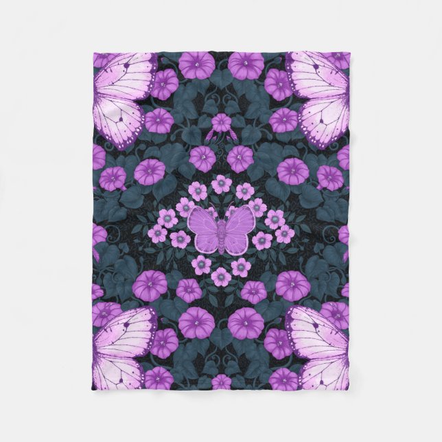 Butterflies and flowers symmetry, violet and blue fleece blanket (Front)