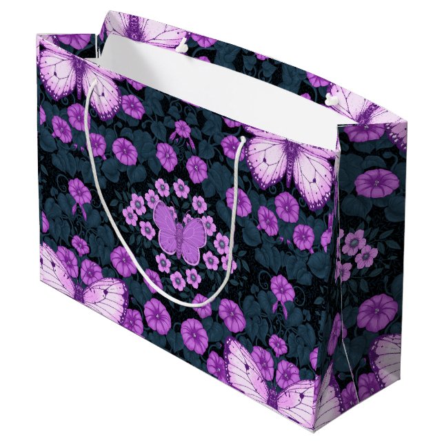 Butterflies and flowers symmetry, violet and blue large gift bag (Back Angled)