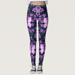 Butterflies and flowers symmetry, violet and blue leggings