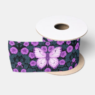 Butterflies and flowers symmetry, violet and blue satin ribbon