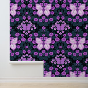 Butterflies and flowers symmetry, violet and blue wallpaper