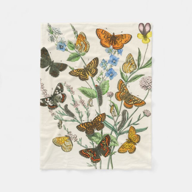 Butterflies and Flowers Vintage Illustration 1 Fleece Blanket (Front)