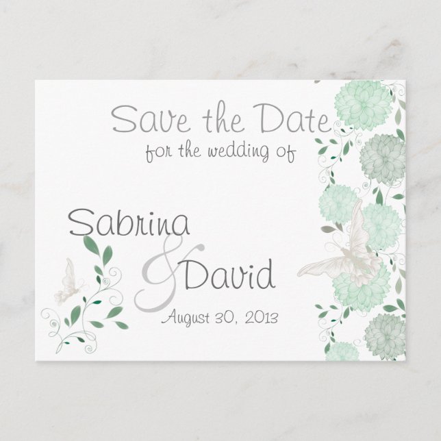 Butterflies and Green Chrysanthemums Save the Date Announcement Postcard (Front)