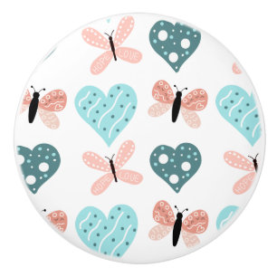 Butterflies and Hearts Teal and Pink  Ceramic Knob