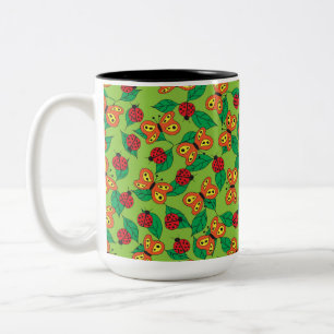 Butterflies and Ladybugs on green leaves Two-Tone Coffee Mug