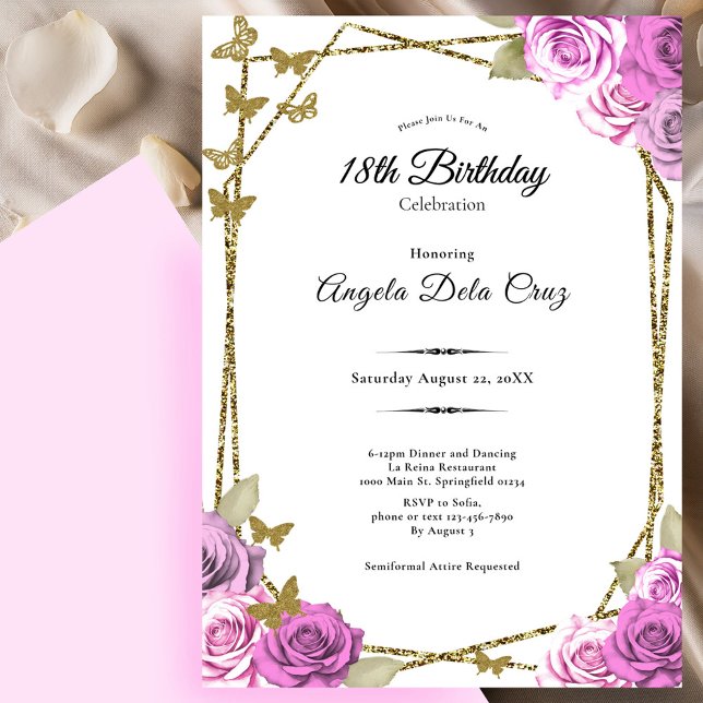 Butterflies and Pink Roses 18th Debut Birthday Invitation (Creator Uploaded)