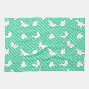 Butterflies and pinstripes - white on aqua tea towel