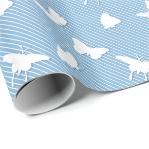 Butterflies and pinstripes - white on sky blue wrapping paper