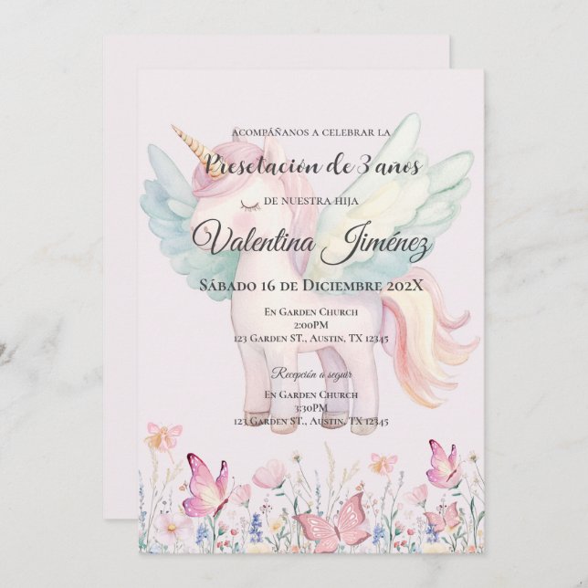 Butterflies and ponies 3st birthday in Spanish Invitation (Front/Back)