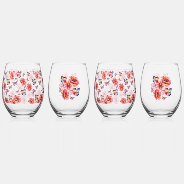 Butterflies and Poppy Flowers Stemless Wine Glass (Front)