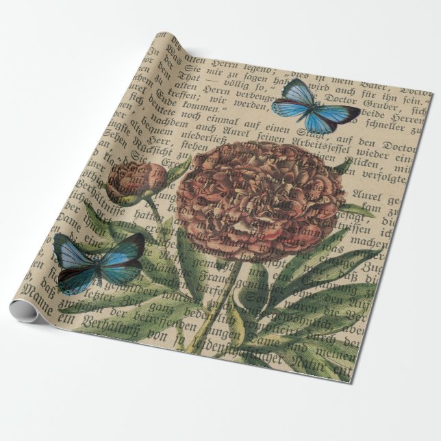 Butterflies and Poppy over Newspaper Wrapping Paper (Unrolled)