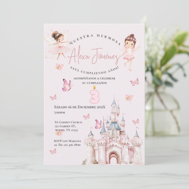 Butterflies and princesses 3st birthday in Spanish Invitation (Standing Front)