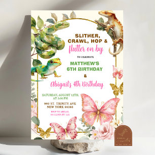 Butterflies and Reptiles Joint Sibling Birthday  Invitation