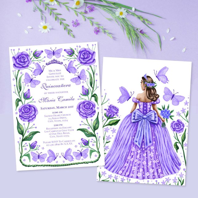 Butterflies and Roses Lilac Princess Quinceanera Invitation (Butterflies and Roses Lilac Princess Quinceanera Invitation)