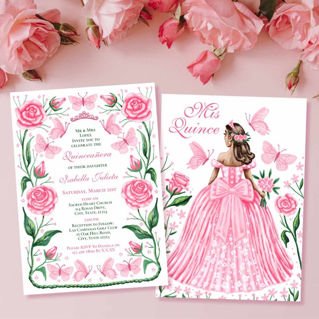 Butterflies and Roses Pink Princess Quinceanera Invitation (Butterflies and Roses Pink Princess Quinceanera Invitation)