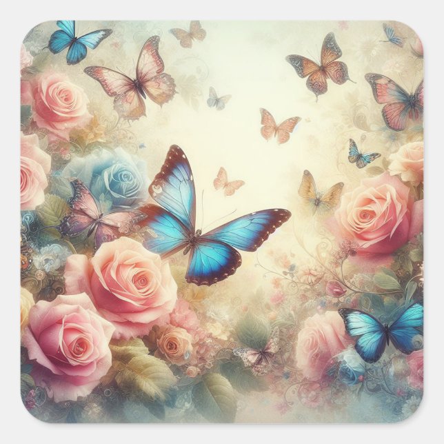 Butterflies and Roses Square Sticker (Front)