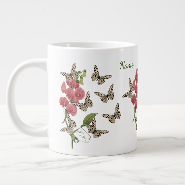 Butterflies And Sweet Pea Flower     Large Coffee Mug (Left)