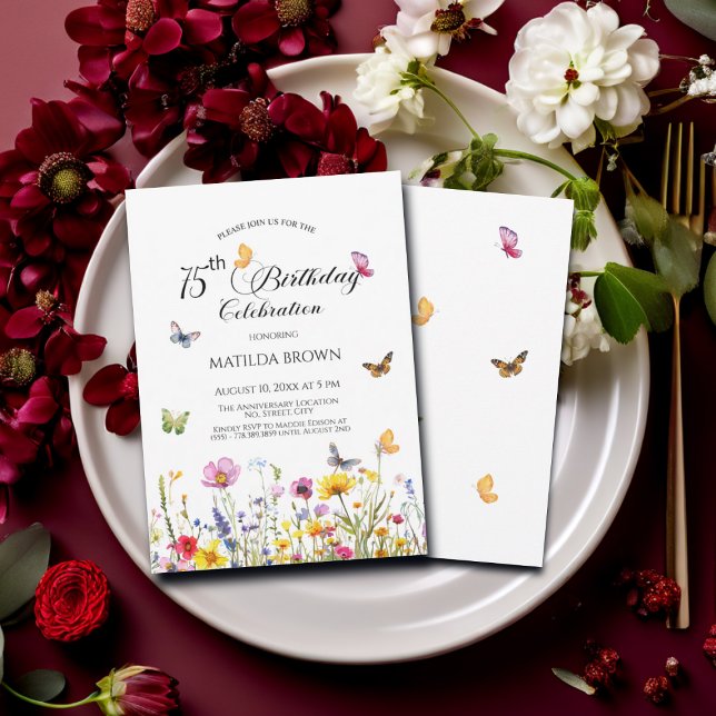 Butterflies and Wildflowers Elegant 75th Birthday Invitation (Creator Uploaded)