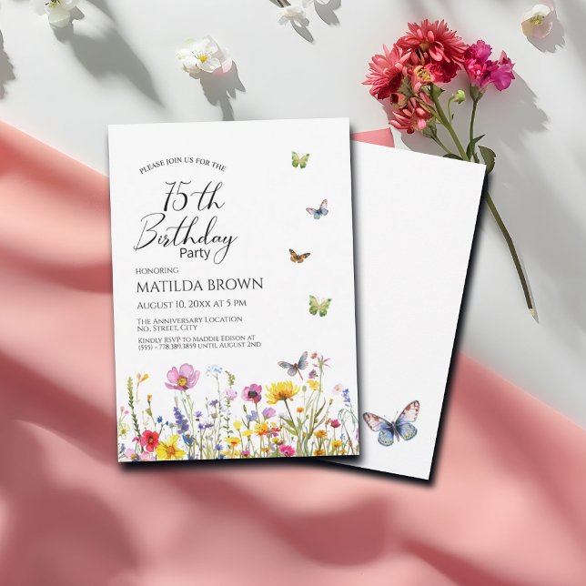 Butterflies and Wildflowers Elegant 75th Birthday Invitation (Creator Uploaded)