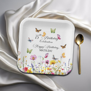 Butterflies and Wildflowers Elegant 75th Birthday Paper Plate
