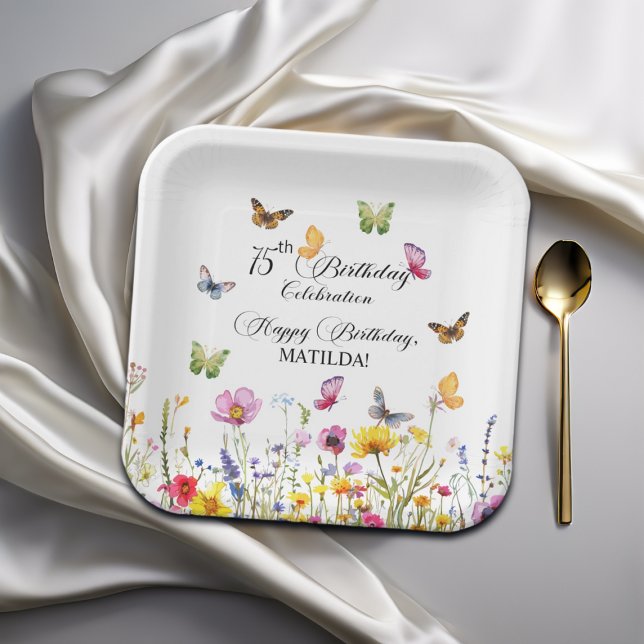 Butterflies and Wildflowers Elegant 75th Birthday Paper Plate (Creator Uploaded)