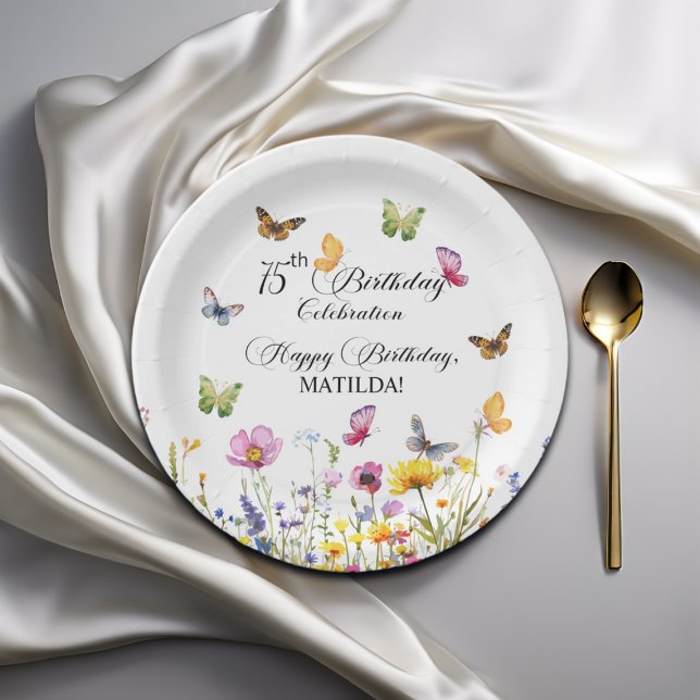 Butterflies and Wildflowers Elegant 75th Birthday Paper Plate (Creator Uploaded)