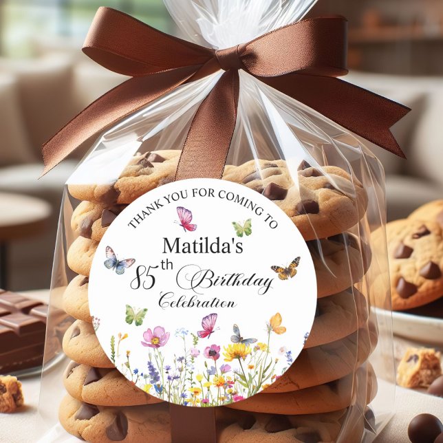 Butterflies and Wildflowers Elegant 85th Birthday Classic Round Sticker (Creator Uploaded)