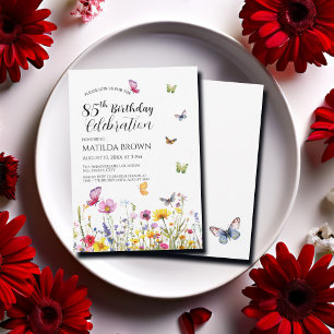 Butterflies and Wildflowers Elegant 85th Birthday Invitation