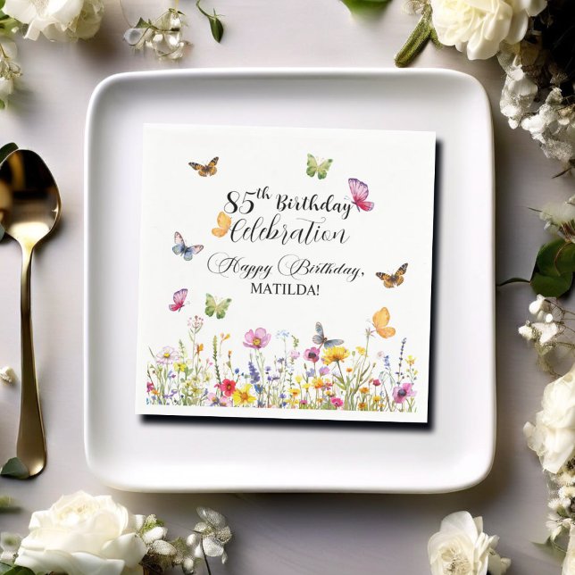 Butterflies and Wildflowers Elegant 85th Birthday Napkin (Creator Uploaded)