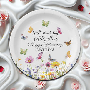 Butterflies and Wildflowers Elegant 85th Birthday Paper Plate