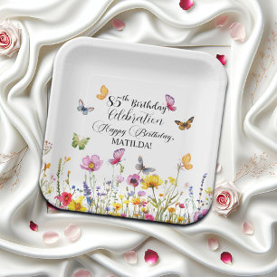 Butterflies and Wildflowers Elegant 85th Birthday Paper Plate