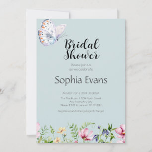Butterflies and Wildflowers Green Bridal Shower Invitation