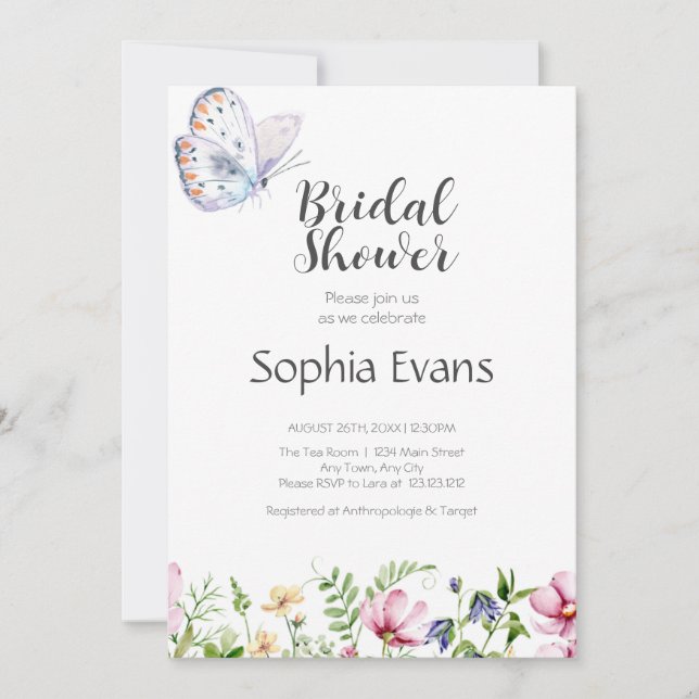 Butterflies and Wildflowers White Bridal Shower Invitation (Front)