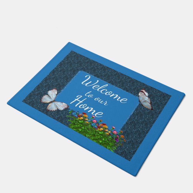 Butterflies And Zinnia Flowers Welcome Doormat (Angled)