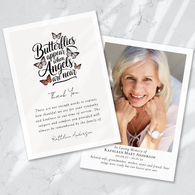 Butterflies Angels Photo Memorial Sympathy Funeral Thank You Card (Creator Uploaded)
