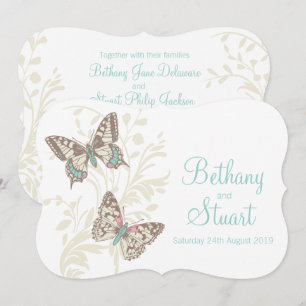 Butterflies aqua teal cream wedding invitation