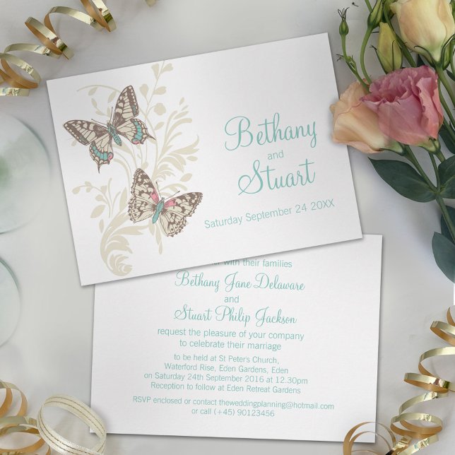 Butterflies aqua teal wedding invitation (Creator Uploaded)