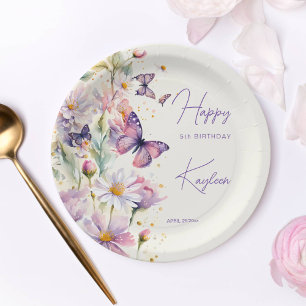 Butterflies birthday lavender purple printed paper plate