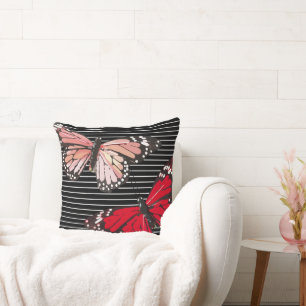 Butterflies Black White Stripes Cushion