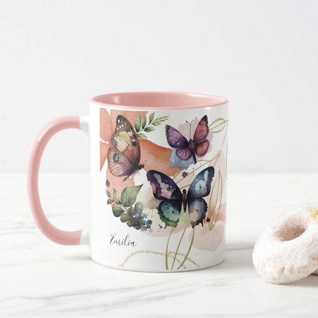 Butterflies Blossom Pretty Name Mug (With Donut)