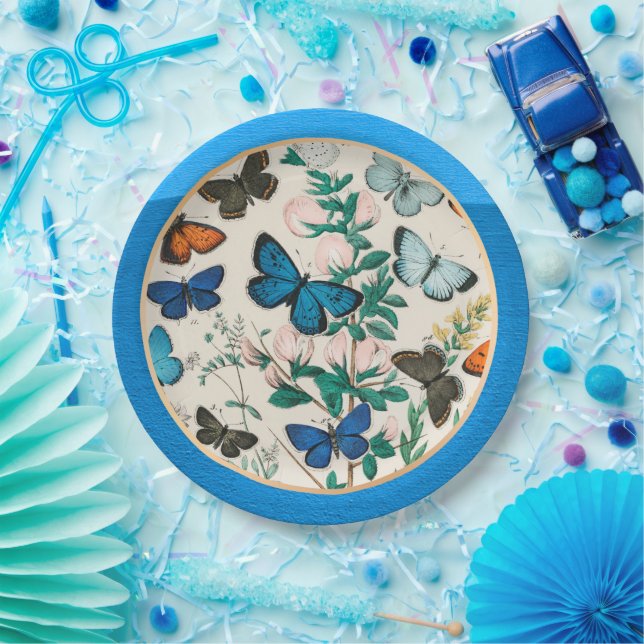 Butterflies, blue frame paper plate (Party)