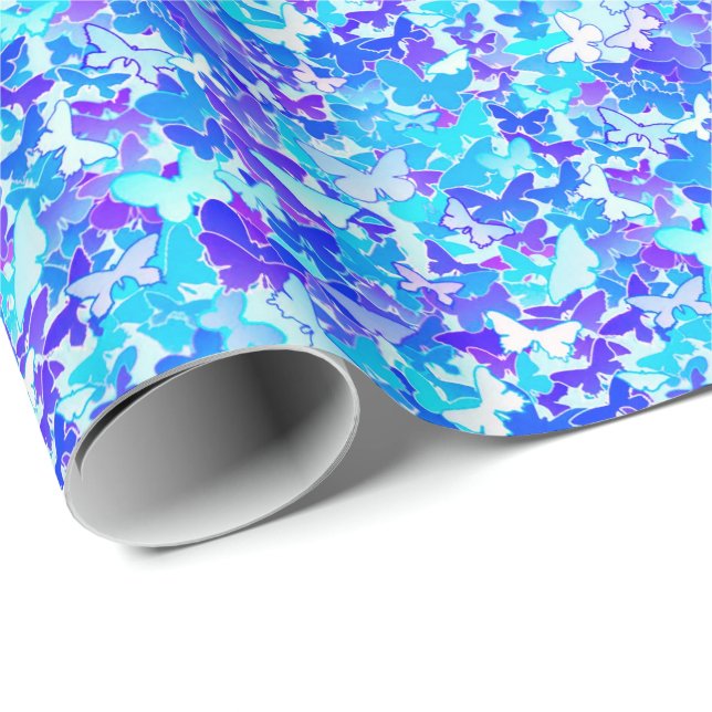 Butterflies, blue, turquoise, lavender wrapping paper (Roll Corner)